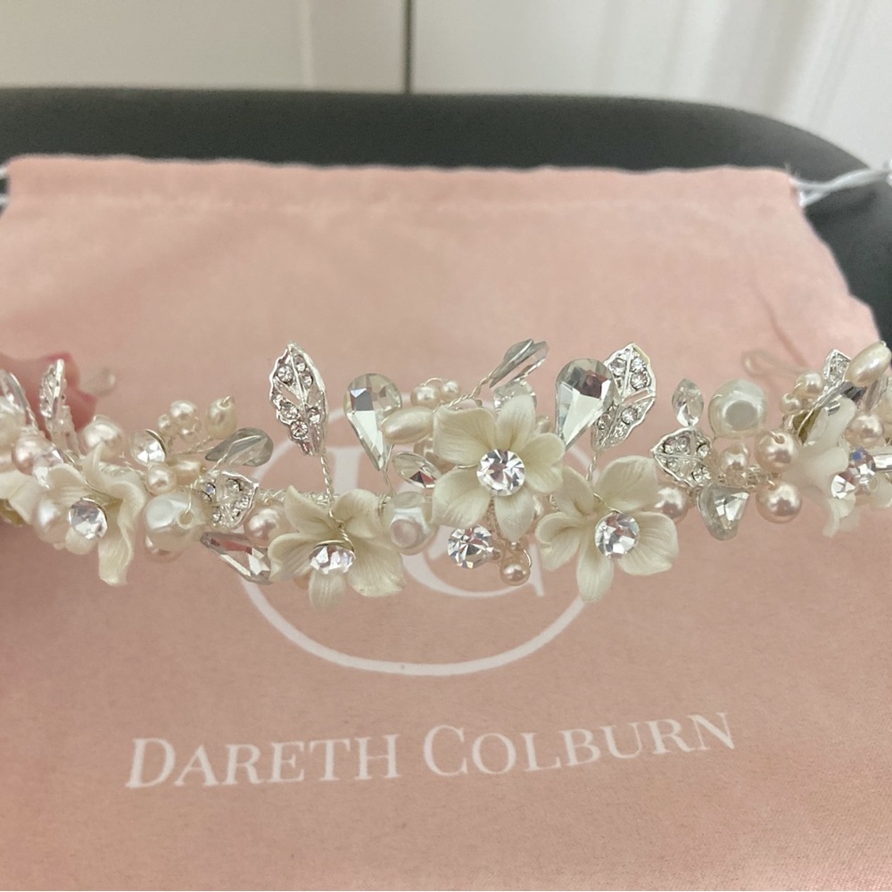 Dareth Colburn Giovanna floral tiara with crystal gemstones and pink pearls